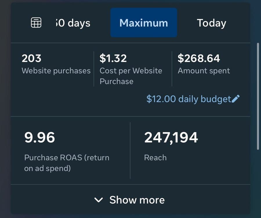 Meta Ads: 203 vente، ROAS 9.96 · $1.32 للـ vente