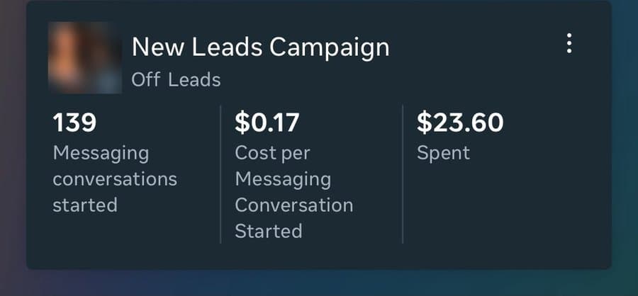 Meta Ads: 139 message، $0.17 للـ message